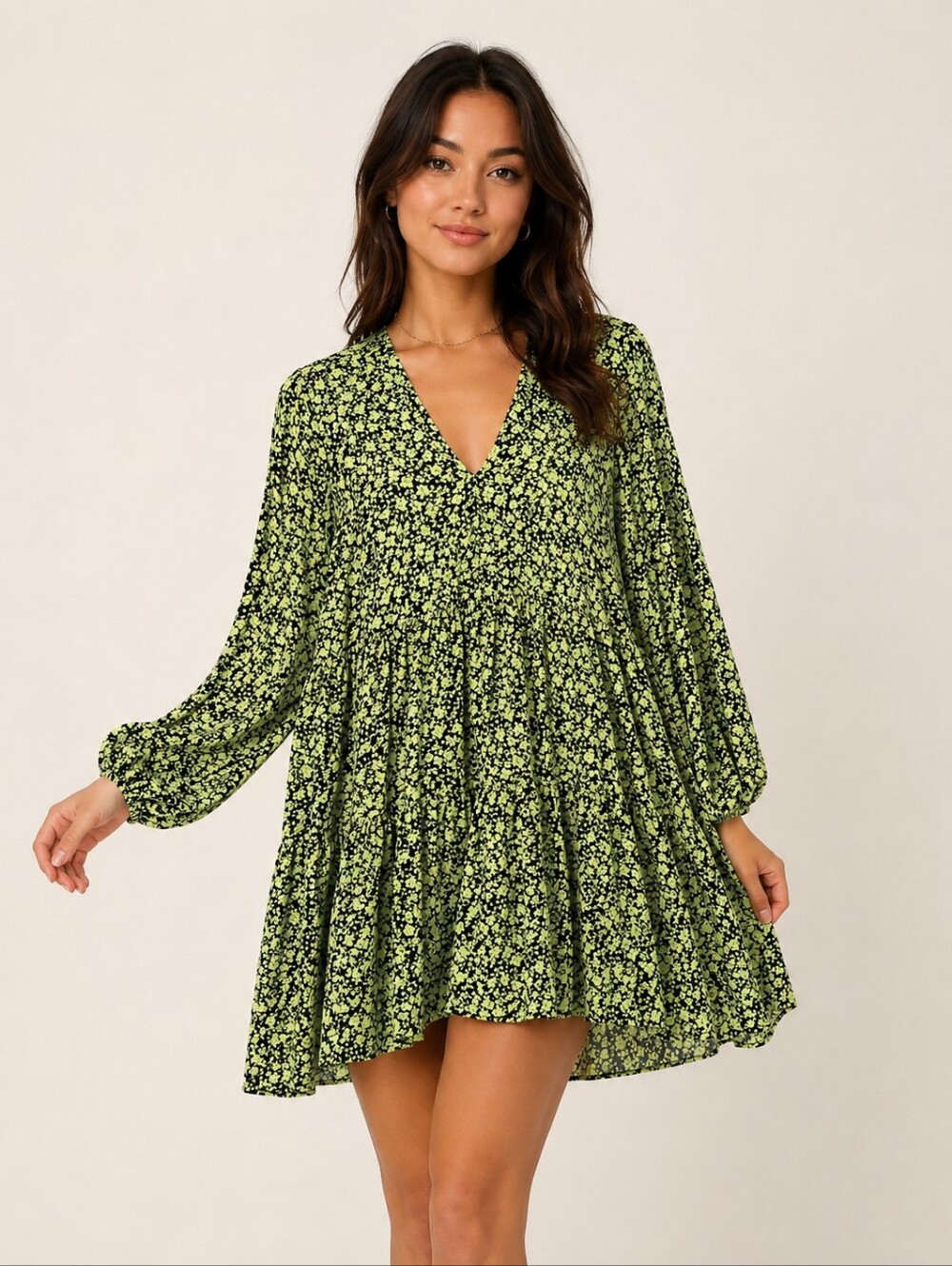 Zara Black Lime Green Floral Babydoll Mini Dress V Neck Balloon Sleeve Size M